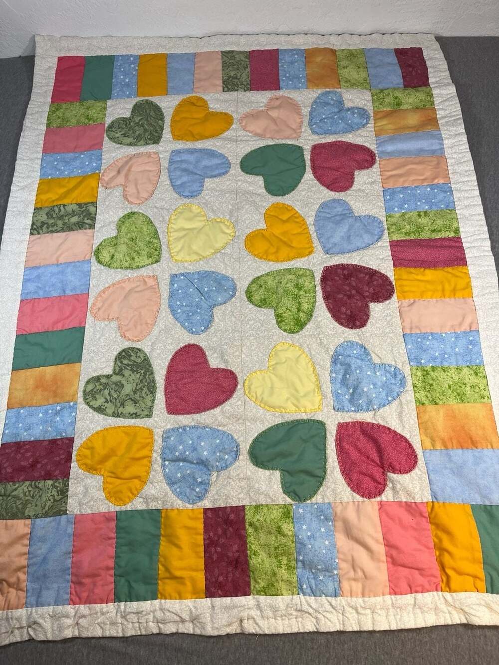 Handmade Multi Color Hearts Applique Patchwork Quilt Blanket